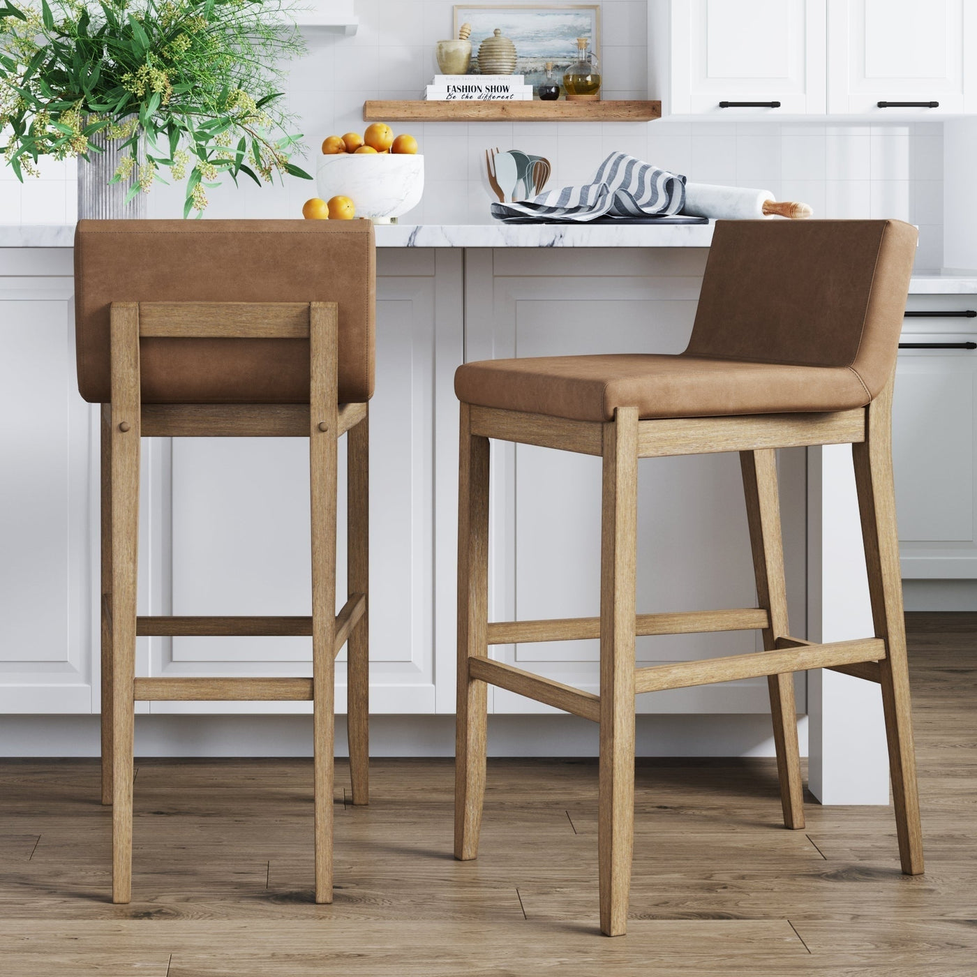 Gracie Modern Bar Stool, Boucle Upholstered Chair and Brushed Wooden Legs
