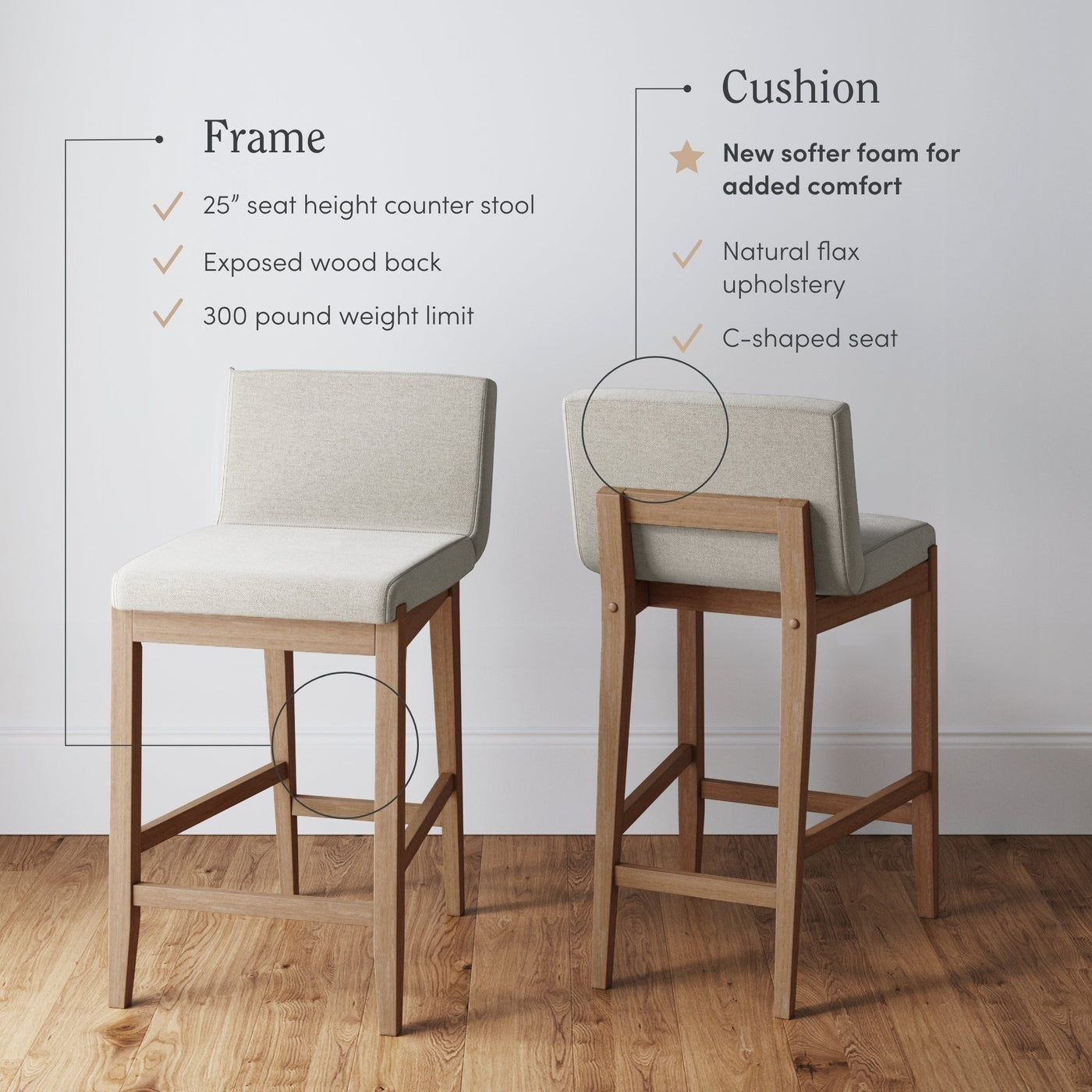 Gracie Modern Bar Stool, Boucle Upholstered Chair and Brushed Wooden Legs