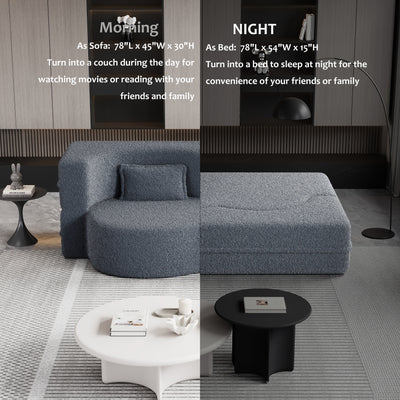 Grey 78 Convertible Teddy Fabric Loveseat Foam-Filled Floor Sofa Bed with 2 Pillows and Folding Mattress for Living Room