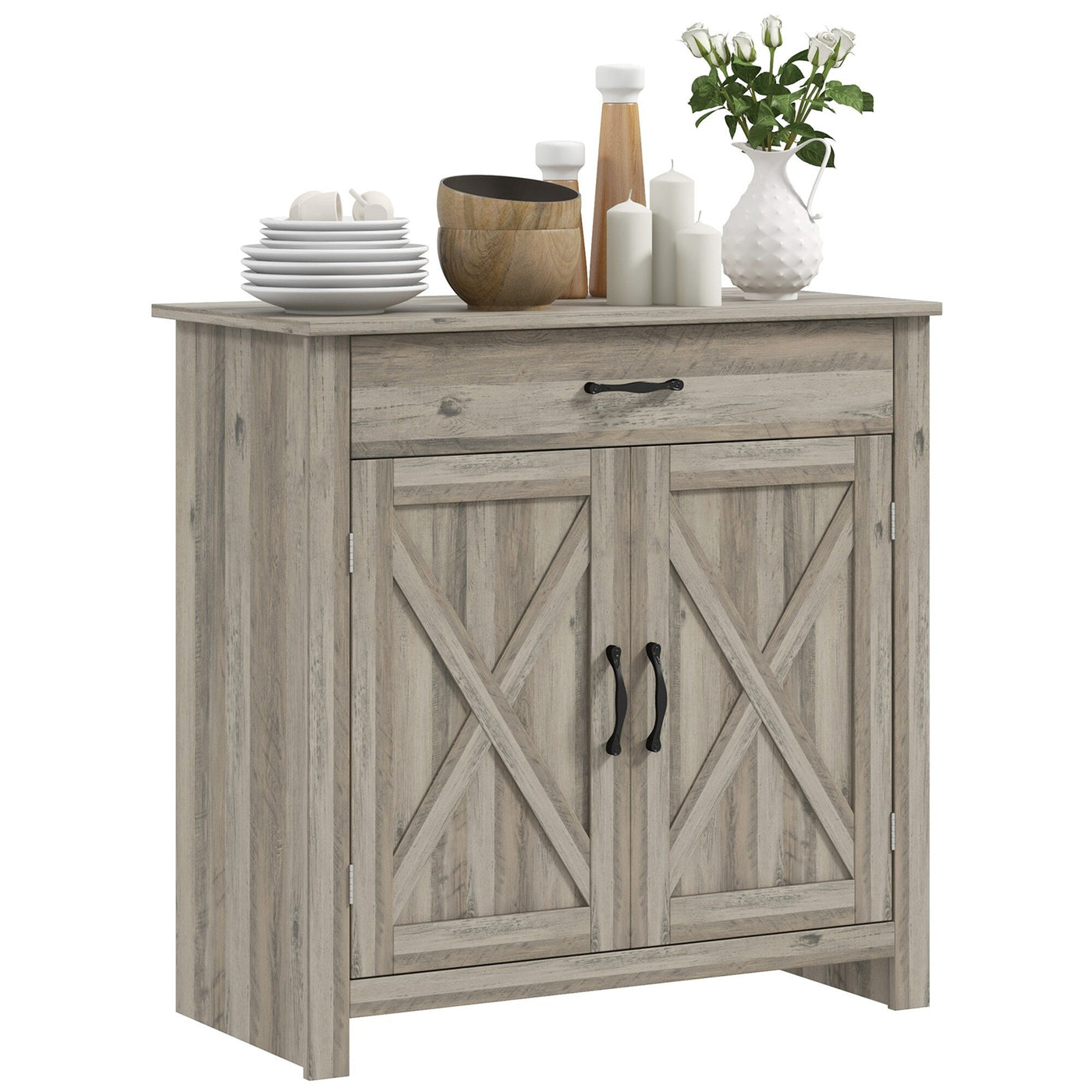 HOMCOM 32 Farmhouse Barn Door Style Sideboard Cabinet,Buffet Storage Cabinet Coffee Bar for Living Room or Entryway