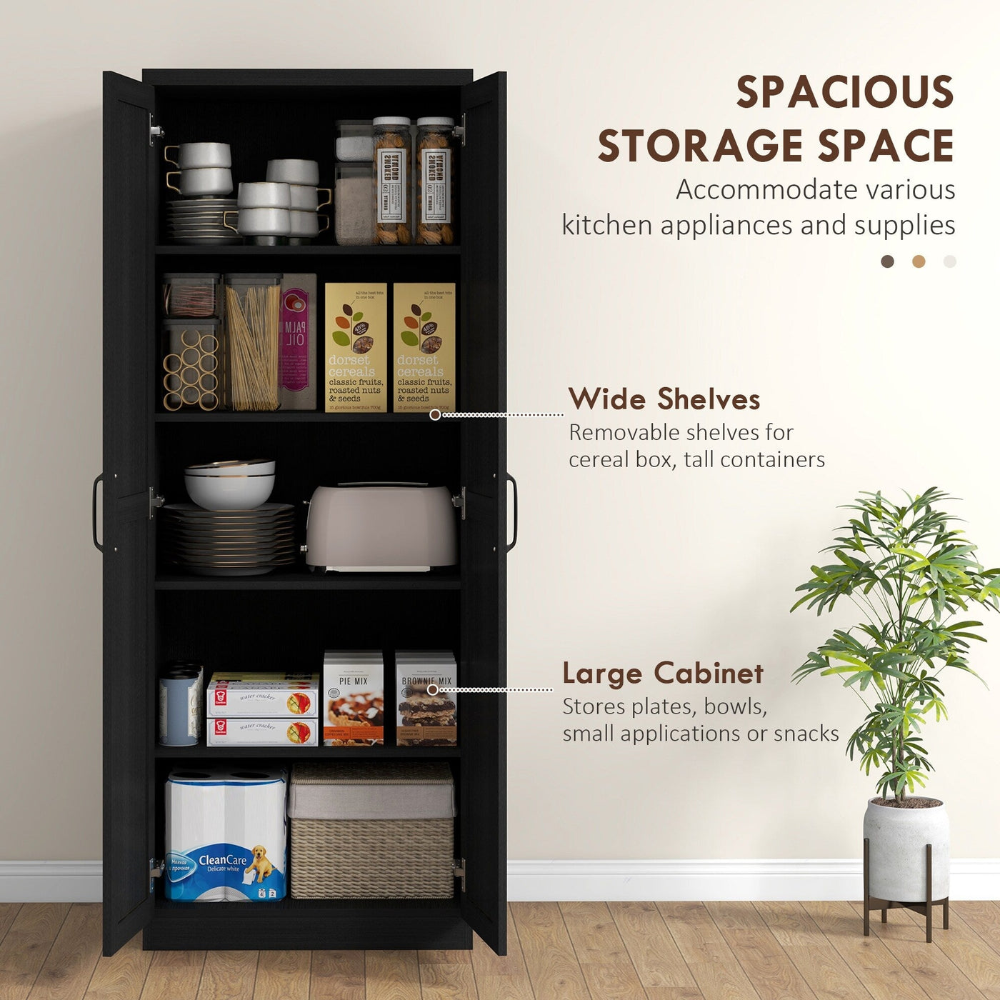 HOMCOM 63 2-Door Kitchen Pantry, Freestanding Storage Cabinet with 5-tier Shelving and 2 Adjustable Shelves for Dining Room