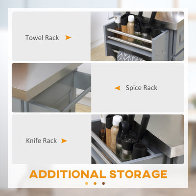 HOMCOM Rolling Kitchen Island with Storage, Portable Kitchen Cart with Stainless Steel Top, Gray - N/A