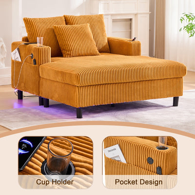 HOMEFUN Corduroy Upholstered Oversized RGB LED Light Recliner Sofa Bed with Cup Holder,USB&3 Pillows