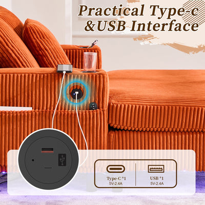 HOMEFUN Corduroy Upholstered Oversized RGB LED Light Recliner Sofa Bed with Cup Holder,USB&3 Pillows