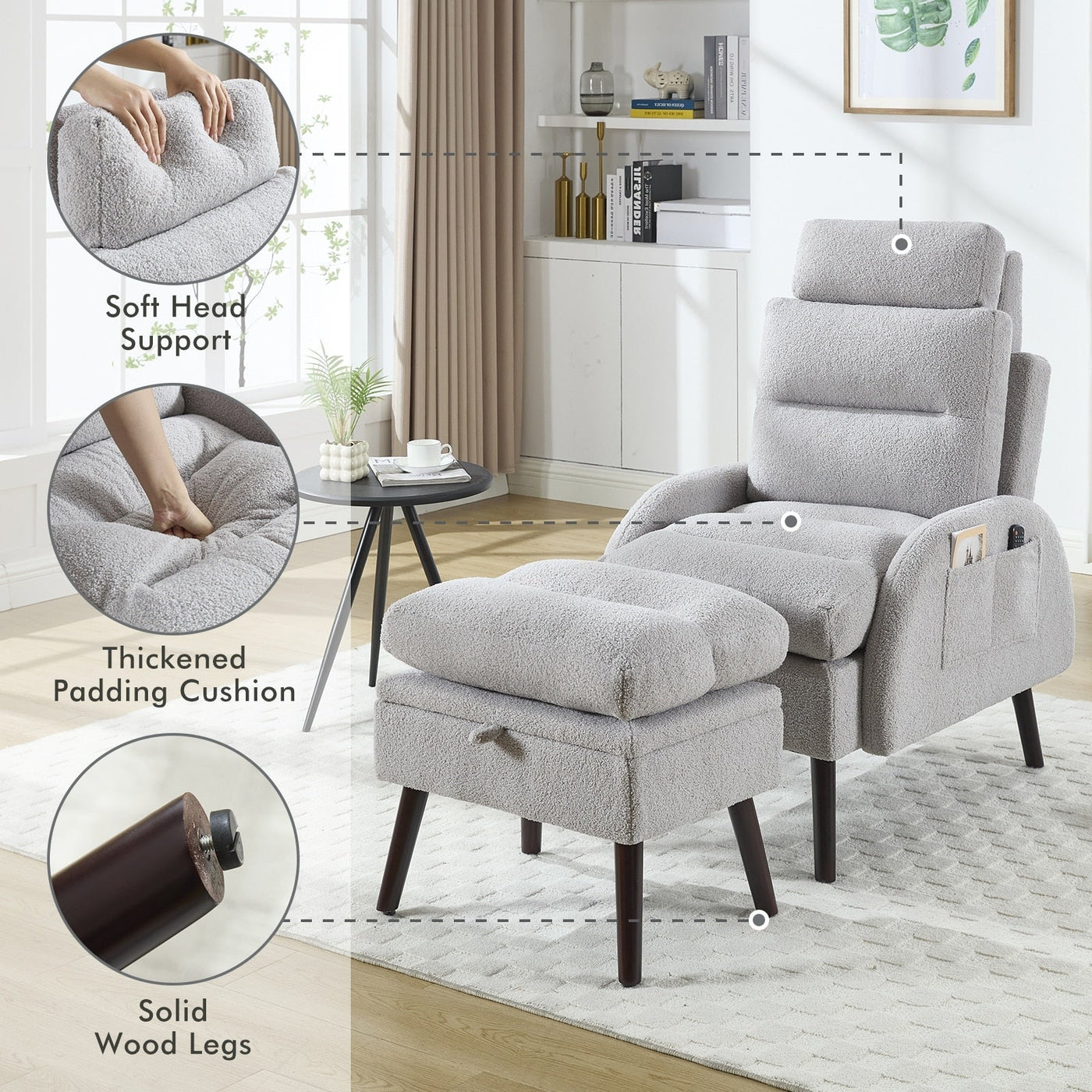 HOMYKA Accent Lounge Chair with Adjustable Backrest Storage Ottoman