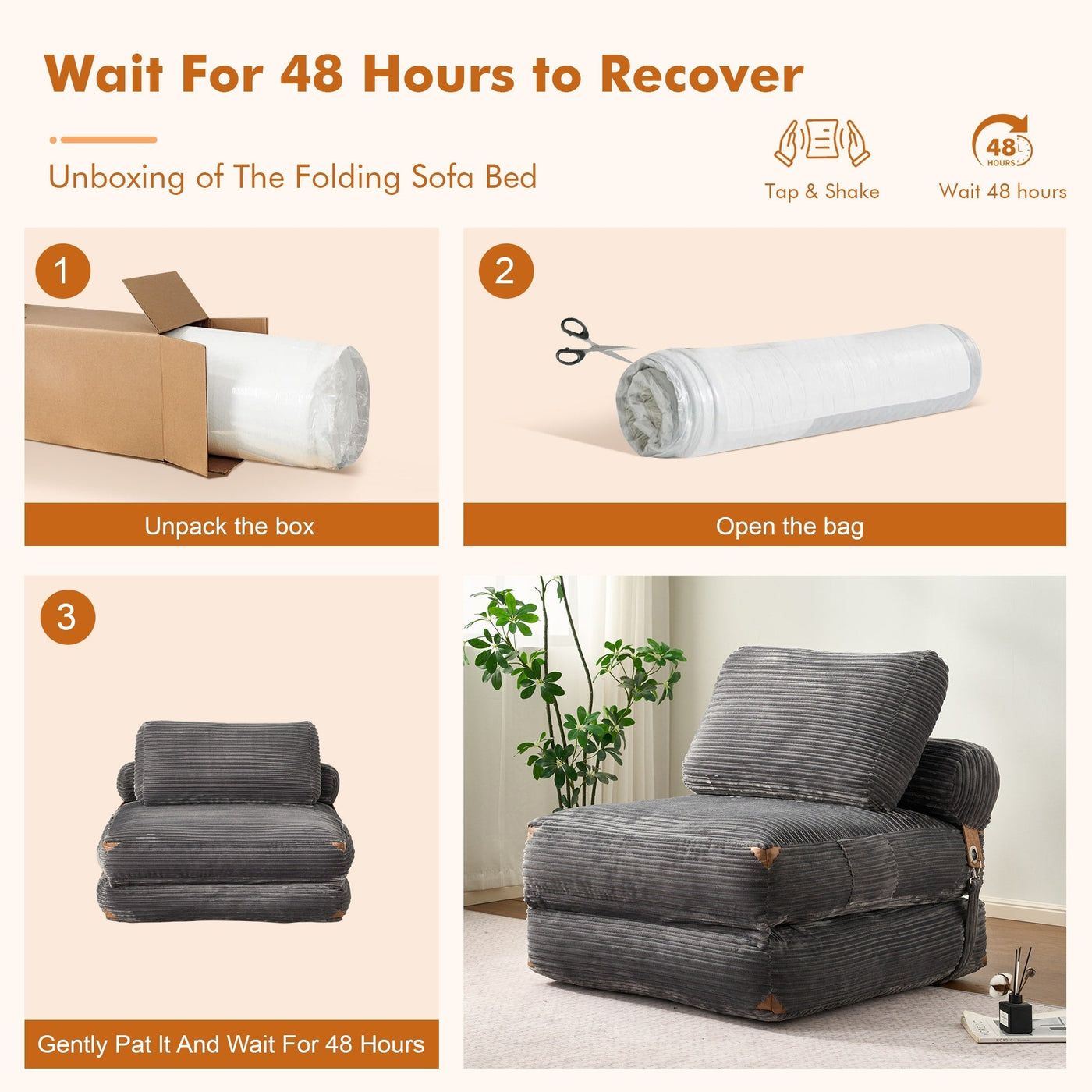 HOOOWOOO Modern Corduroy Fabric Folding Sofa Couch