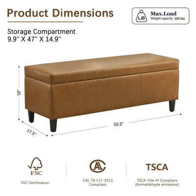 50.3 x 17.50 x 18 Upholstered Rectangular Storage Ottoman-Faux Leather
