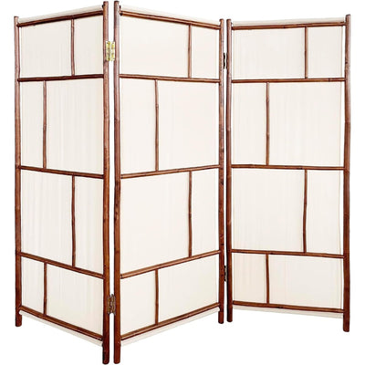 Handcrafted Bamboo Folding 3-Panel Room Divider Privacy Screen, Ecru Fabric