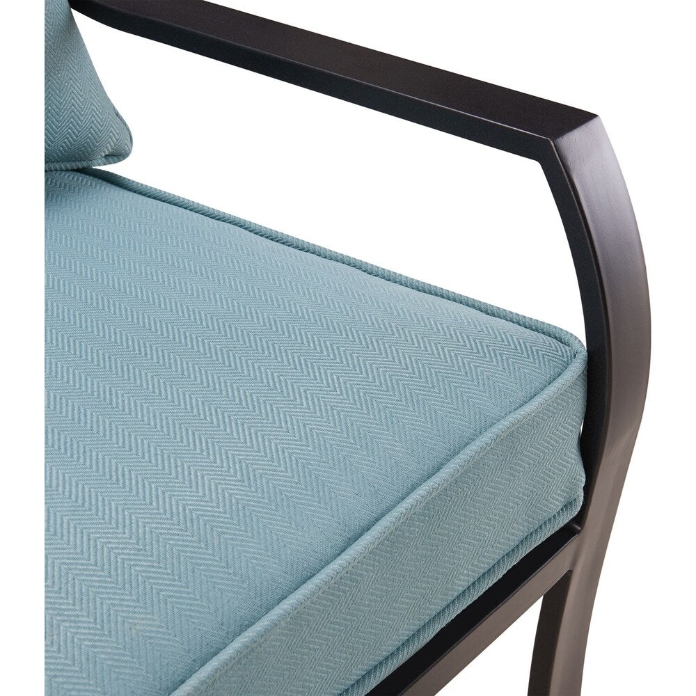 Hanover Lavallette 5-Piece Dining Set in Ocean Blue with 4 Stationary Chairs, 52-In. Round Glass-Top Table, Umbrella, and Base