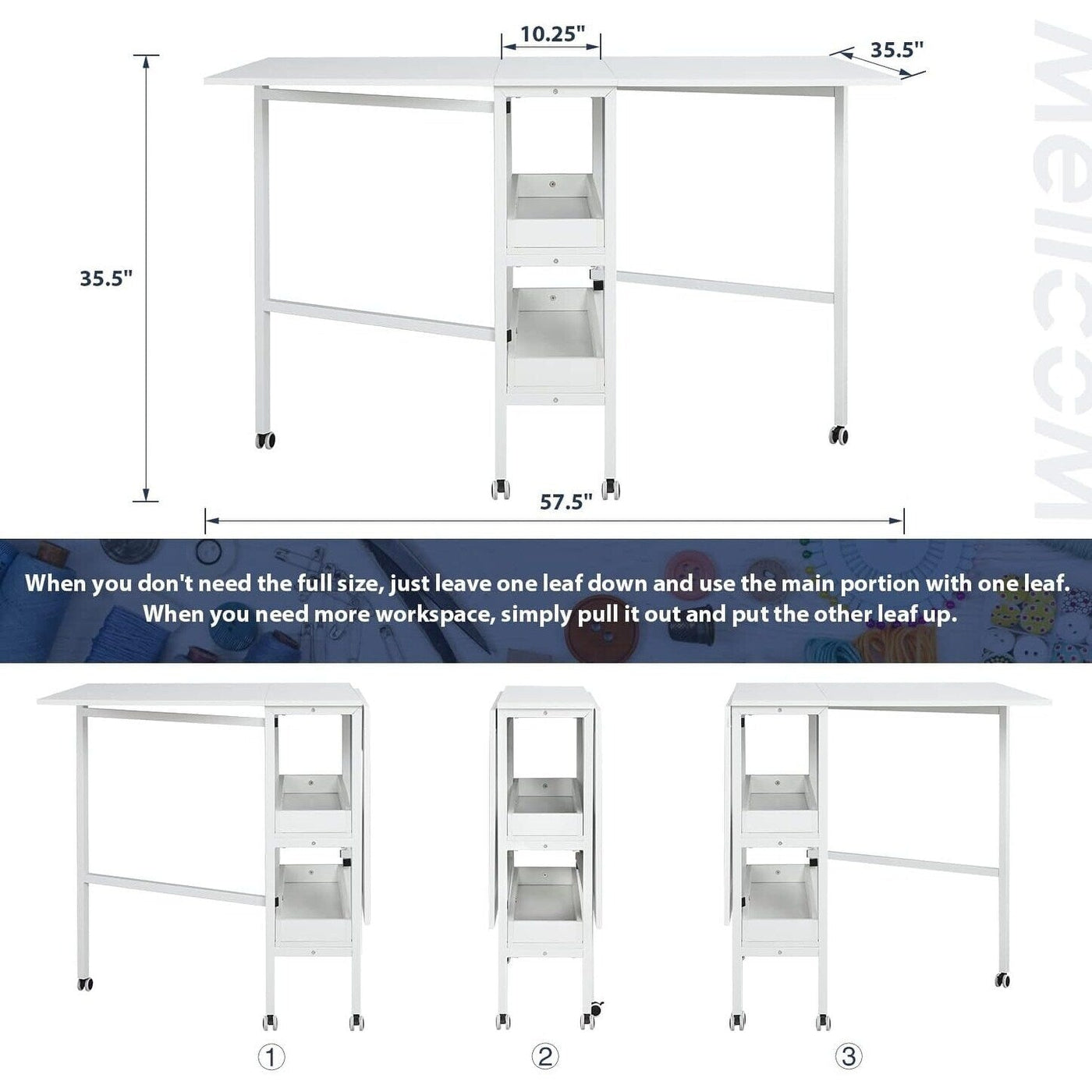 Height Adjustable Craft Table with Storage Shelves, Mobile Folding Cutting Table for Home Office Sewing Room Craft Room