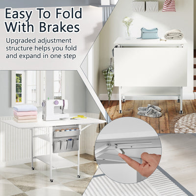 Height Adjustable Craft Table with Storage Shelves, Mobile Folding Cutting Table for Home Office Sewing Room Craft Room