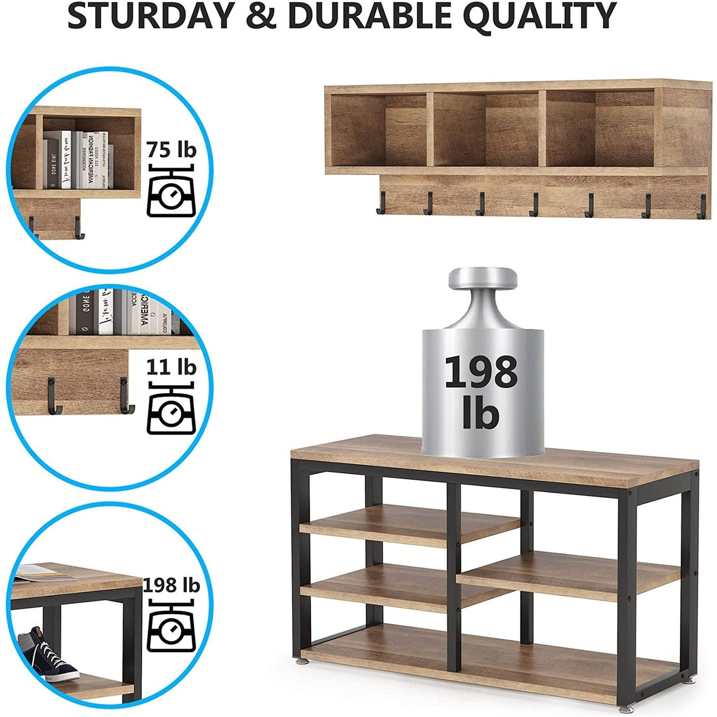 Entryway Coat Rack Shoe Bench Set, Industrial Hall Tree Coat Shoe Rack