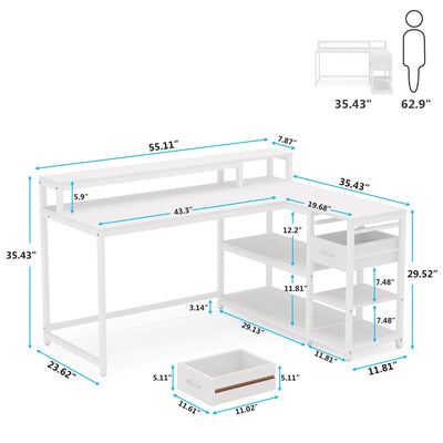L Shaped Desk with Drawer, Home Office Corner Desk with Storage Shelves and Monitor Stand, Rustic PC Desk for Small Space