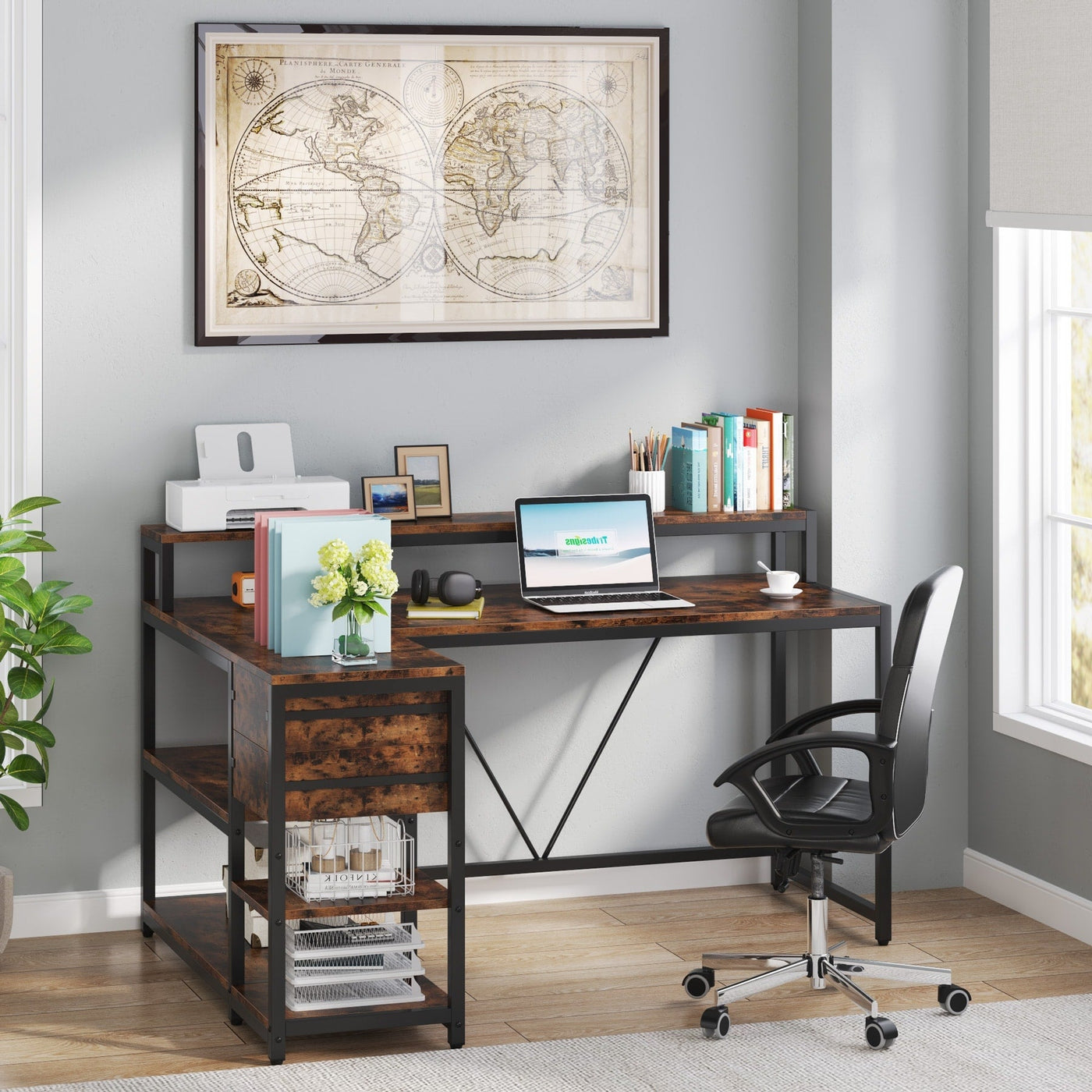 L Shaped Desk with Drawer, Home Office Corner Desk with Storage Shelves and Monitor Stand, Rustic PC Desk for Small Space