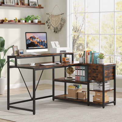 L Shaped Desk with Drawer, Home Office Corner Desk with Storage Shelves and Monitor Stand, Rustic PC Desk for Small Space