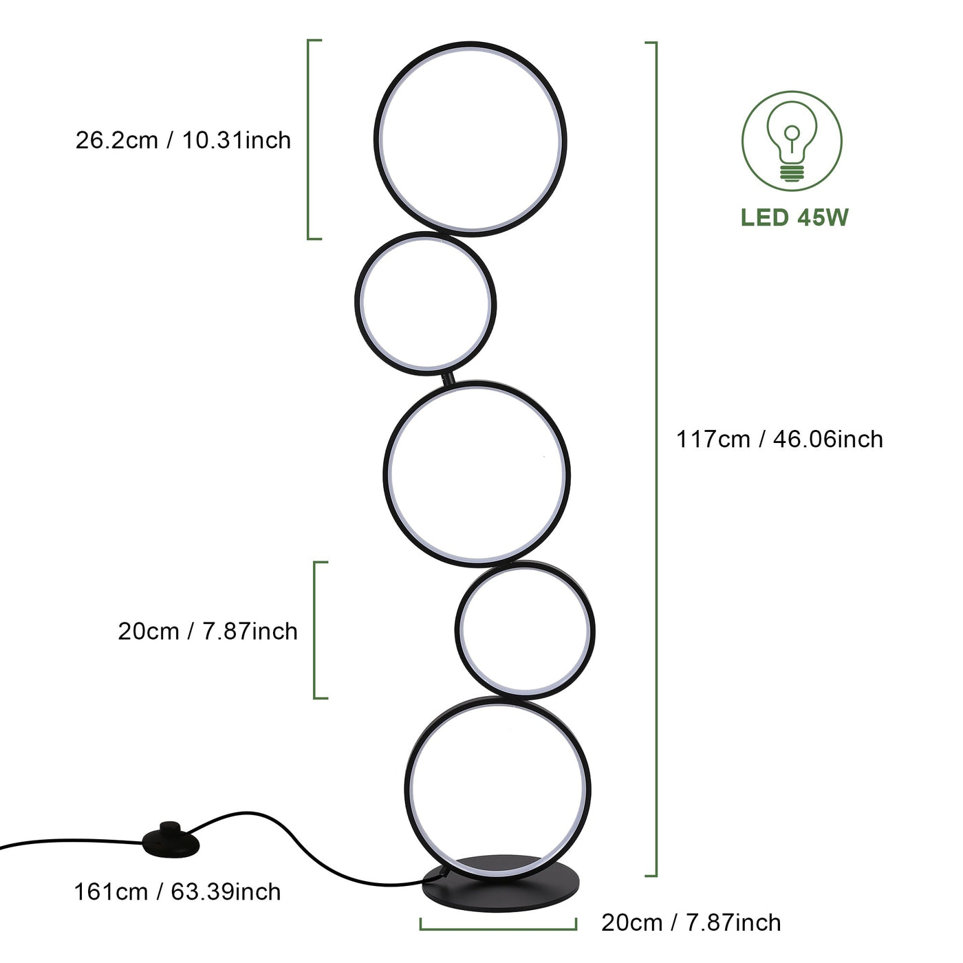 LED Modern Dimmable Floor Lamp, 3 Way Bright Corner Stand lamp with 5-Ring for Living Room