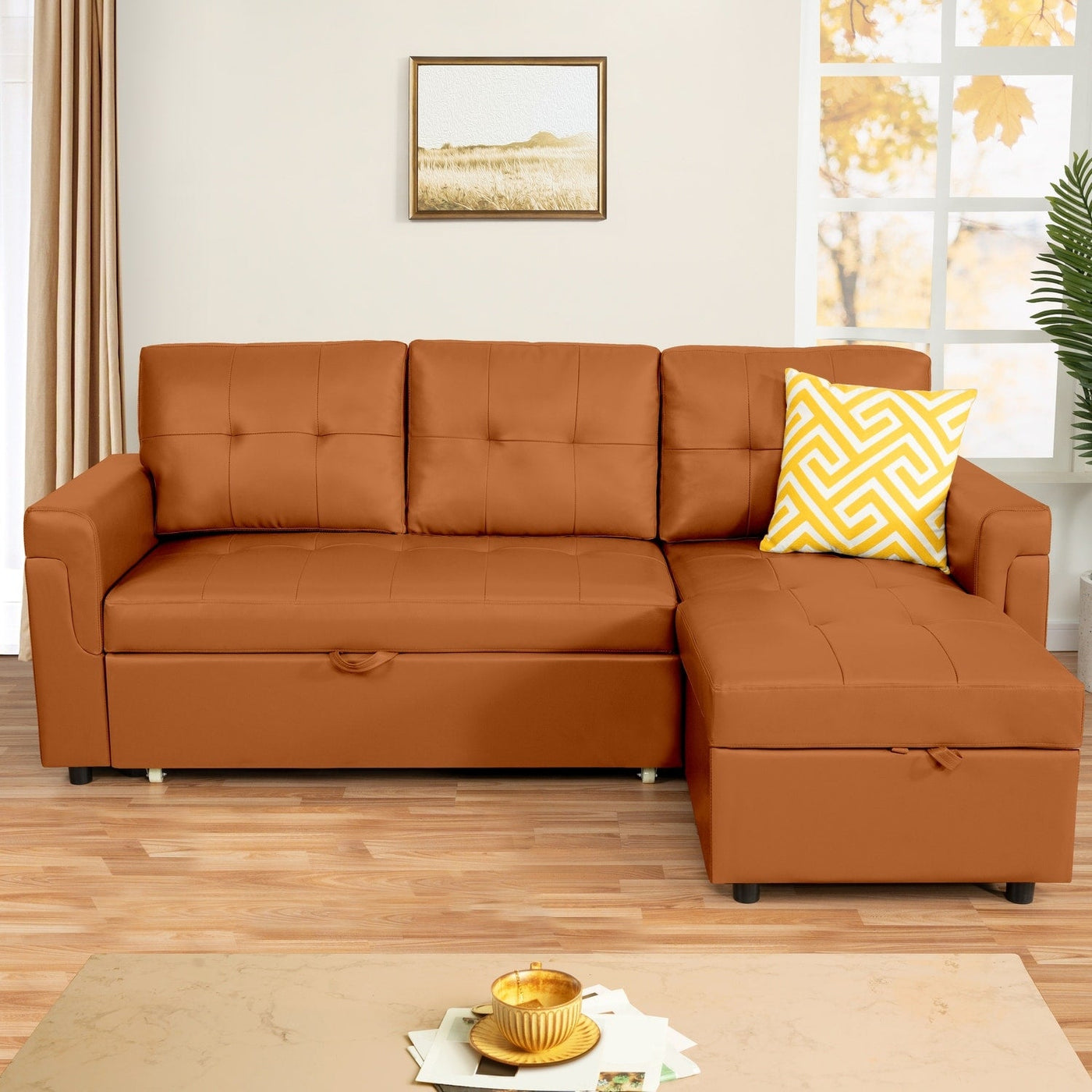 Convertible Reversible Sectional Sofa with Pull-Out Sleeper Bed, Hidden Storage Chaise, and Durable Legs