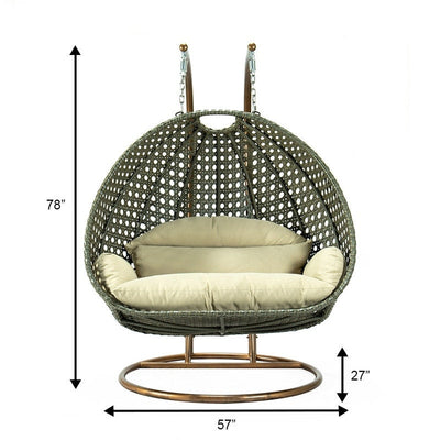 LeisureMod 2 Person Hanging Egg Chair with Stand - Outdoor/Indoor Rattan Wicker Patio Swing Hammock Lounger with Cushions