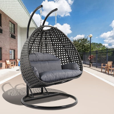 LeisureMod 2 Person Hanging Egg Chair with Stand - Outdoor/Indoor Rattan Wicker Patio Swing Hammock Lounger with Cushions