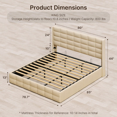 Lift Up Storage Bed Frame, Upholstered Platform Bed Frame with Hydraulic Storage System and Headboard