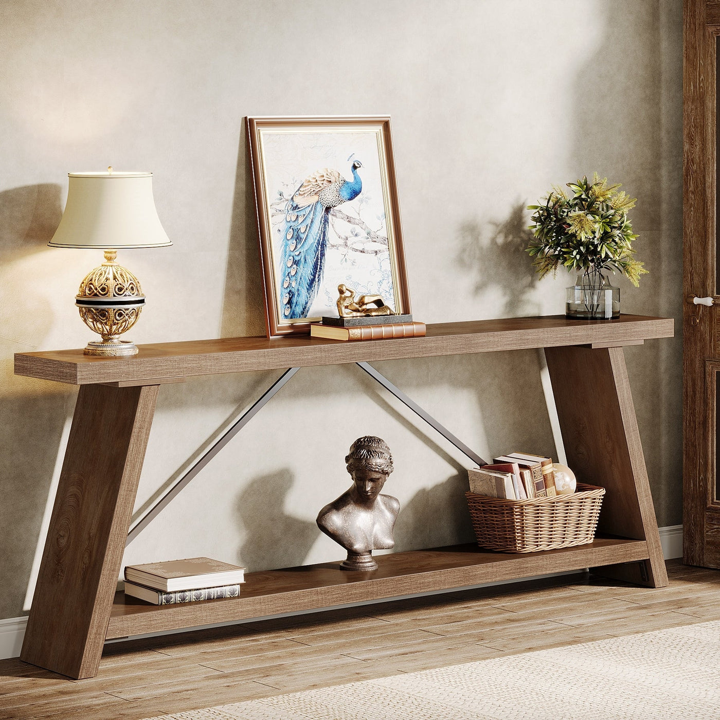 70.9 Inches Long Rustic Wood Console Sofa Table with Storage Shelf