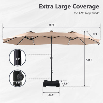 MAISON ARTS 15-foot Rectangular Crank Double-sided Outdoor Market Umbrella Solar LED Lighted Patio Umbrella with Base Included