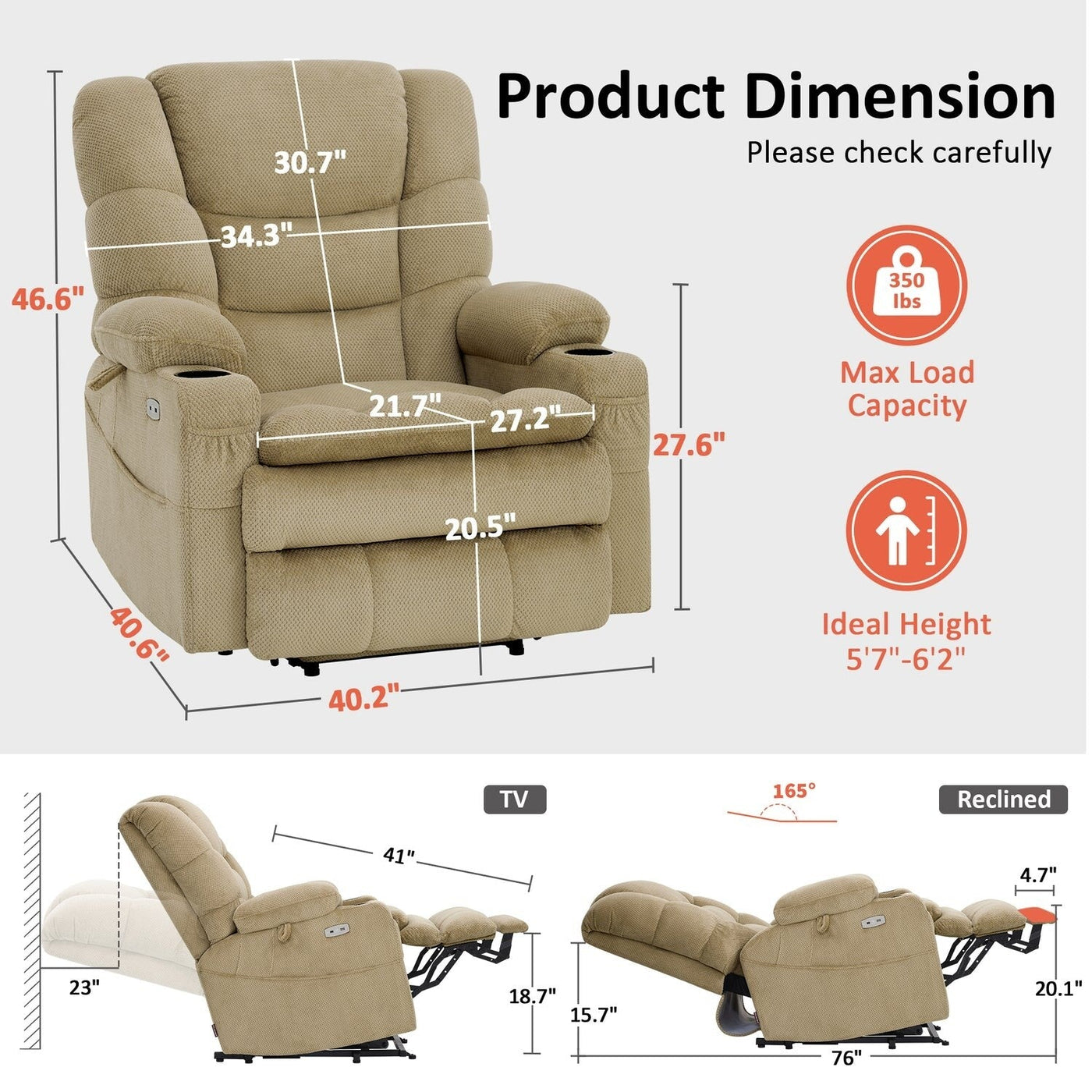 MCombo Large-Wide Dual Motor Power Lift Recliner with Massage and Dual Heating for Big and Tall Elderly, Fabric R7635
