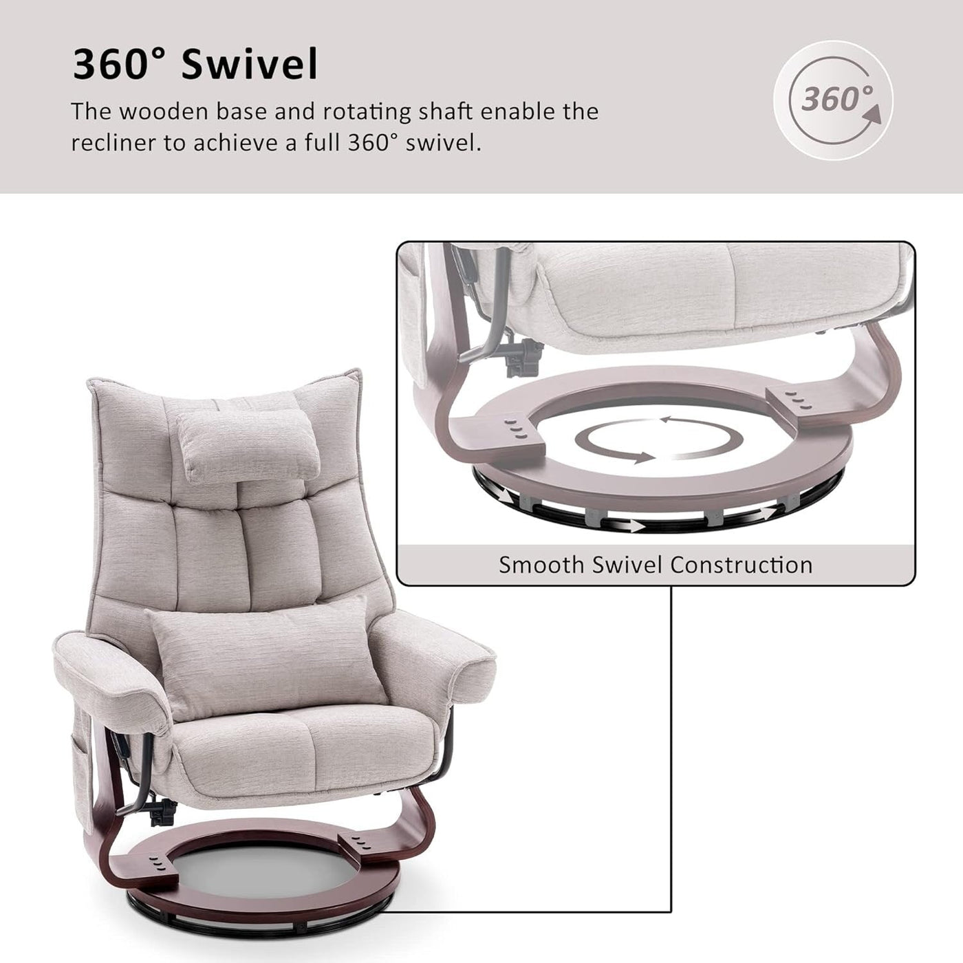 MCombo Set of 2 Swivel Recliner with Ottoman and Neck Pillow,Chenille Fabric