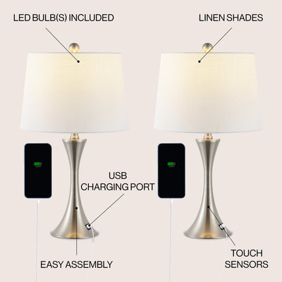 Makena 22.75 Modern Glam Iron Hourglass LED Table Lamp with USB Charging Port, (Set of 2) by JONATHAN Y