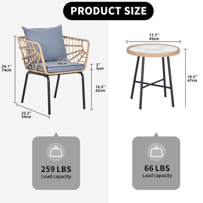 Moasis 3 Pieces Outdoor Wicker Furniture Patio Bistro Set with 2 Chairs and Coffee Table