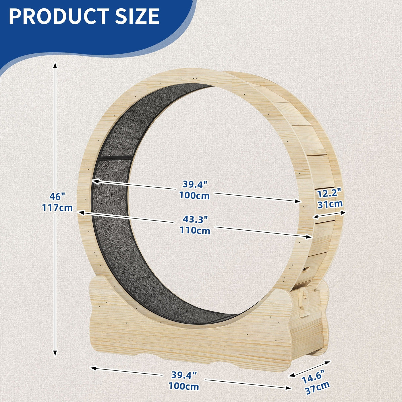 Moasis 43.3 inch Wood Large Cat Treadmill Exercise Running Wheel with Carpeted Runway
