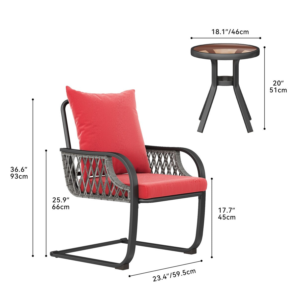 Moasis Red 3 PCs Patio Bistro Set Outdoor Furniture with Cushioned Seats - 3 Pcs