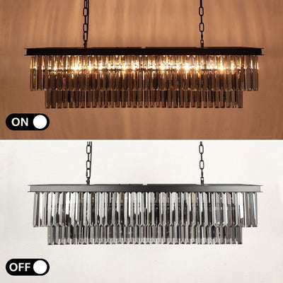 47 in. Smoked Gray and Black Modern Contemporary Crystal Chandelier 2-Tier Linear Kitchen Island Pendant Light for Dining Room