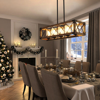 Modern Farmhouse 5-Light Wood Rectangle Chandelier Seeded Glass Kitchen Island Lights for Dining Room - 31.5 L x 8.75 W x 8 H