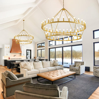 Modern Farmhouse Chandelier 2 Tier Round Wagon Wheel Chandelier Large High Ceiling Light.