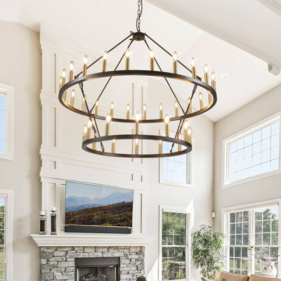Modern Farmhouse Chandelier 2 Tier Round Wagon Wheel Chandelier Large High Ceiling Light.