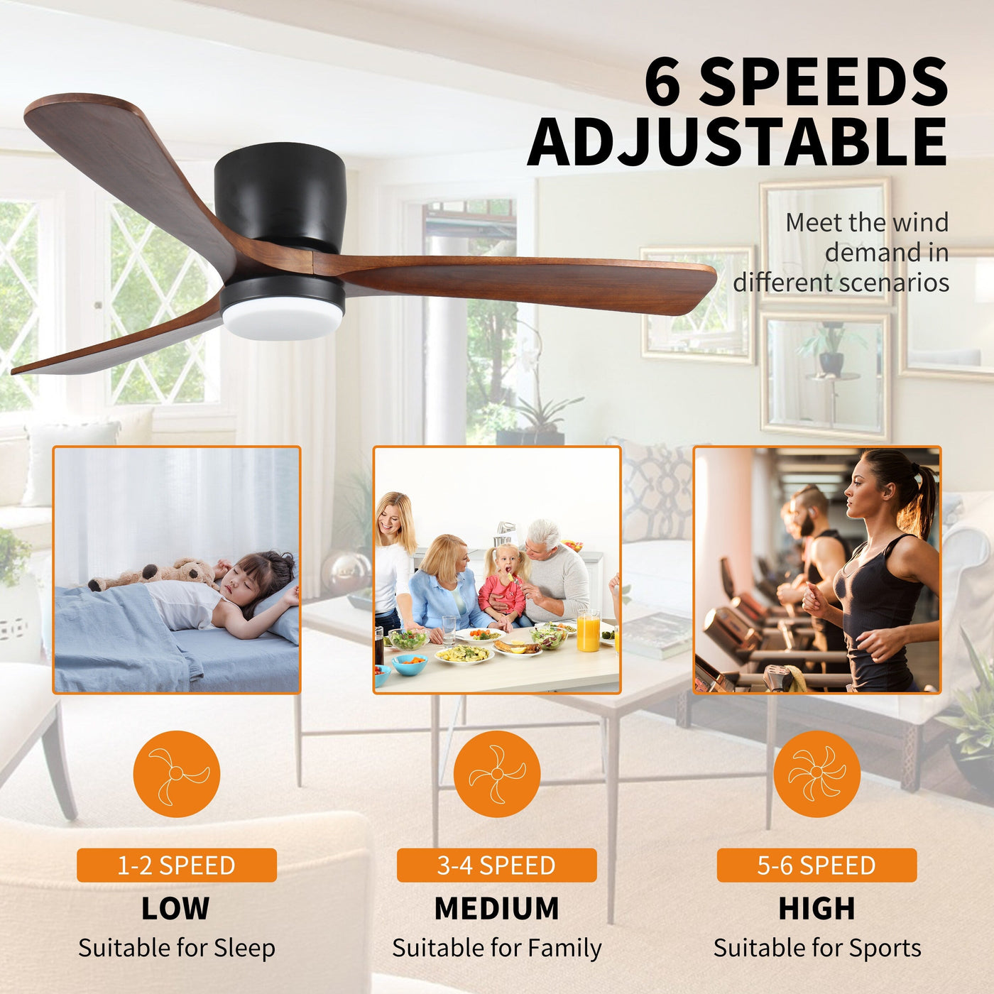 Modern Flush Mount Chandelier Ceiling Fans with Dimmable LED Light & Remote, Livingroom 42 Reversible Motor Ceiling Fans, Black