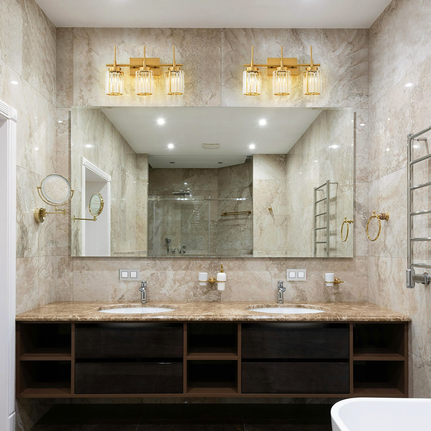 Modern Gold Dimmable Wall Light Glam Cylinder Bathroom Crystal Vanity Light Wall Sconces