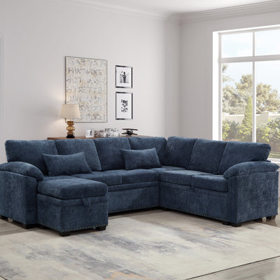 Modern L-Shaped Chenille Sectional Sofa with Pull-Out Sleeper, Storage Seats, Ottoman and 2 Pillows for Living Room
