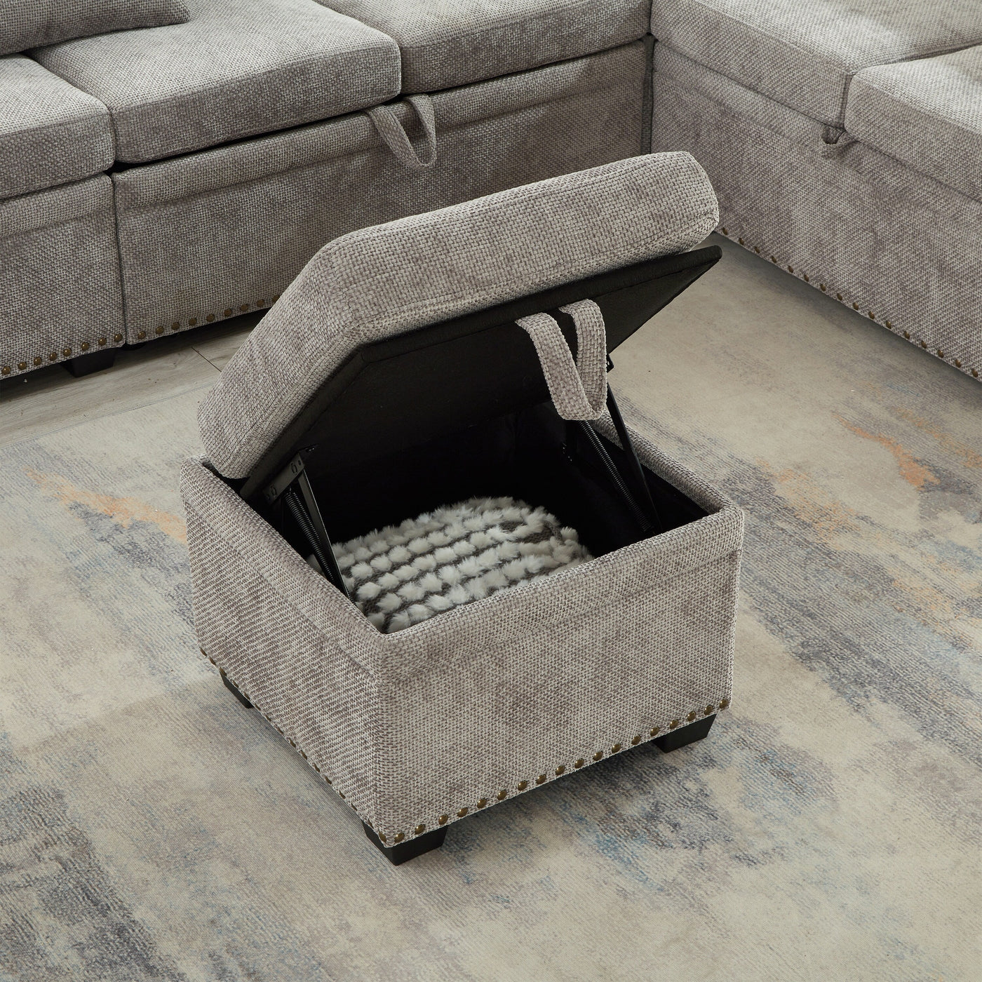 Modern L-Shaped Chenille Sectional Sofa with Pull-Out Sleeper, Storage Seats, Ottoman and 2 Pillows for Living Room