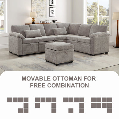 Modern L-Shaped Chenille Sectional Sofa with Pull-Out Sleeper, Storage Seats, Ottoman and 2 Pillows for Living Room