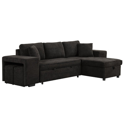 Modern L-Shaped Pull-Out Sectional Sofa Bed with Reversible Chaise, Storage and 2 Stools for Living Room Apartment