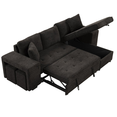 Modern L-Shaped Pull-Out Sectional Sofa Bed with Reversible Chaise, Storage and 2 Stools for Living Room Apartment