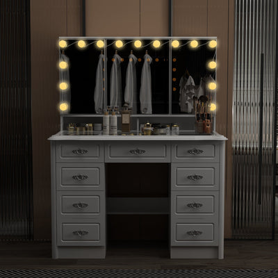 Modern White Makeup Vanity Fold Mirror Adjustable Lighting Dressing - 40.2x54.1