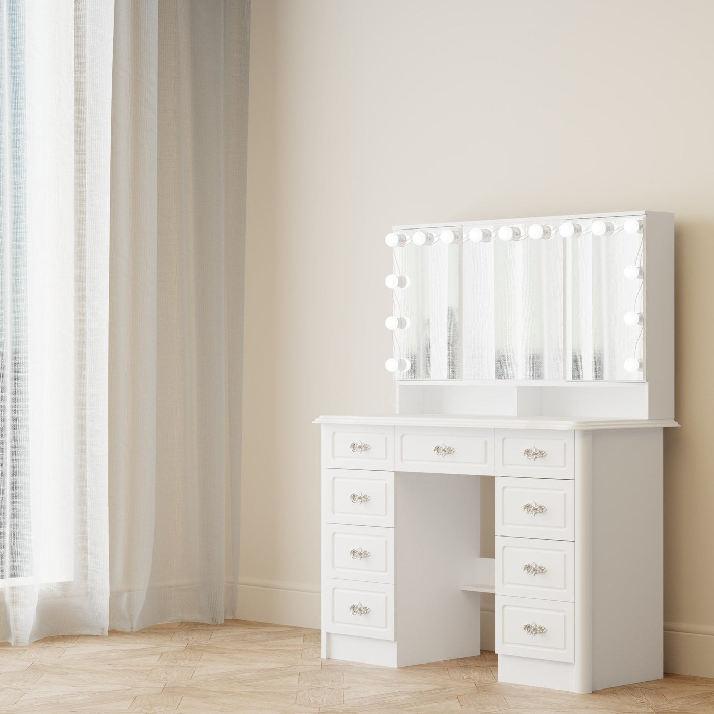 Modern White Makeup Vanity Fold Mirror Adjustable Lighting Dressing - 40.2x54.1