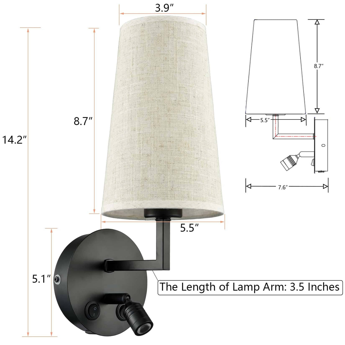 Morbihan Wall Sconce Set of 2 Fabric Wall Lamp with USB Port and Switch