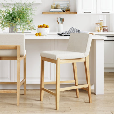 Gracie Modern Bar Stool, Boucle Upholstered Chair and Brushed Wooden Legs