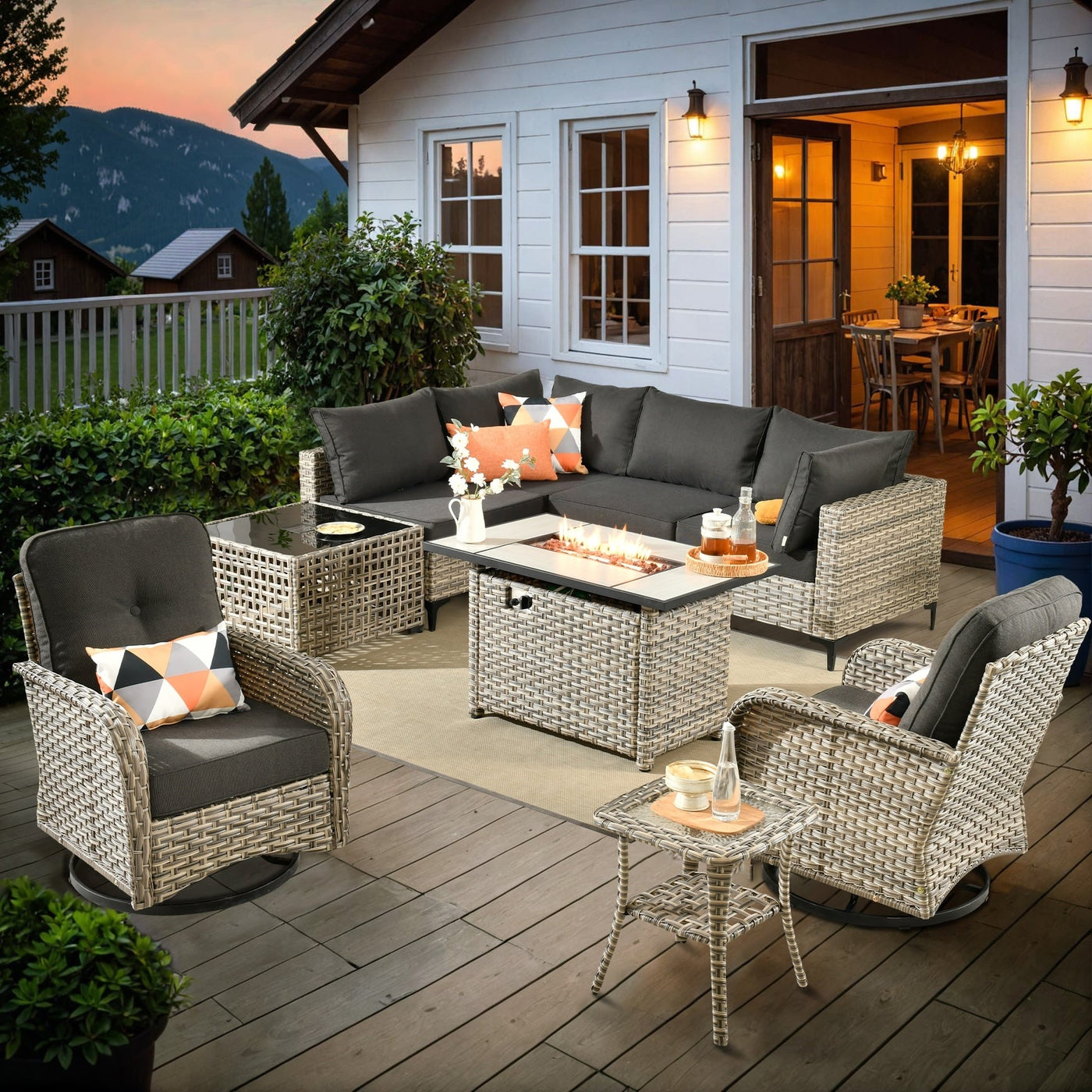 OVIOS 9 Pieces Outdoor Wicker Swivel Chair Set With Fire Table