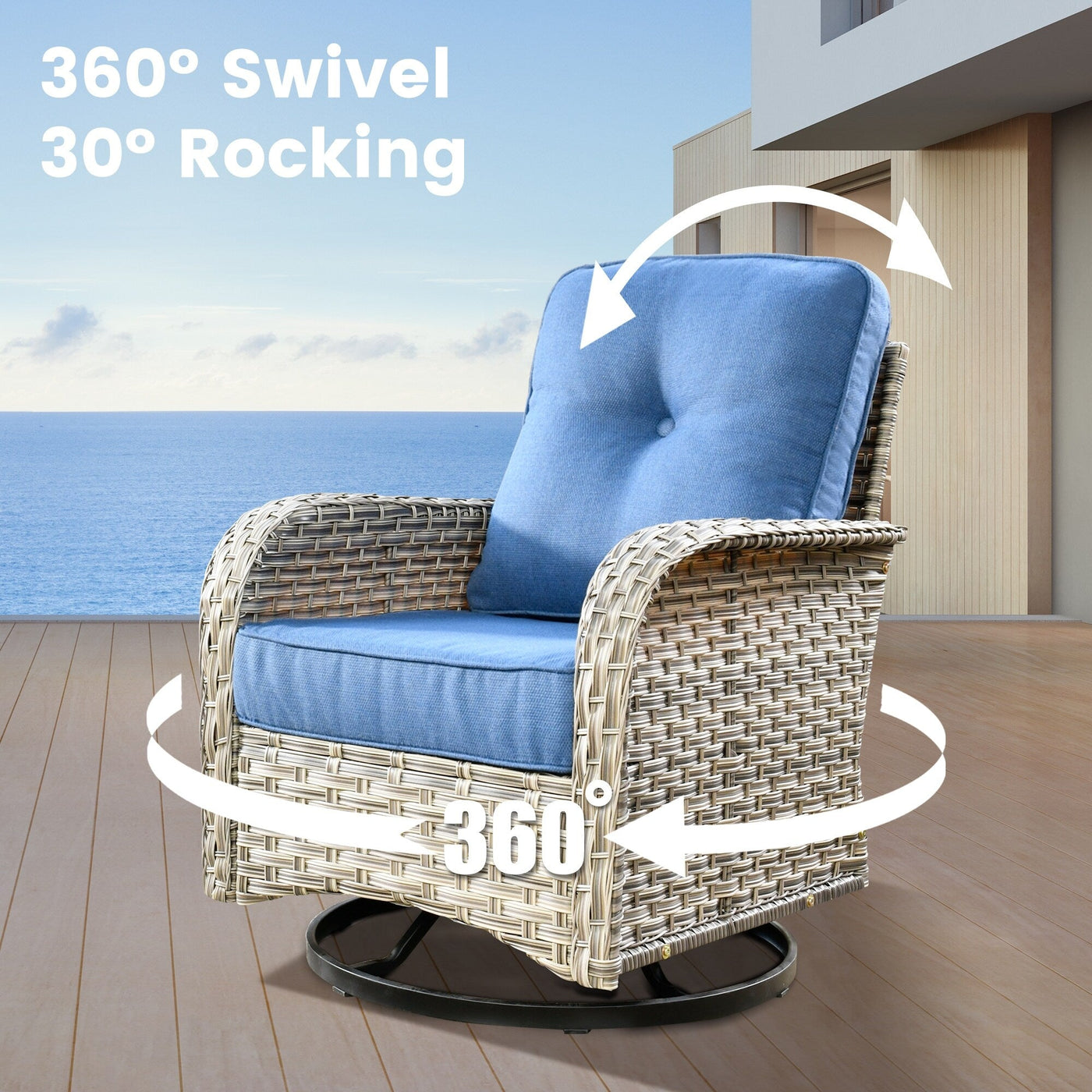 OVIOS 9 Pieces Outdoor Wicker Swivel Chair Set With Fire Table