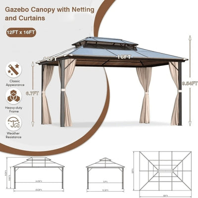 EROMMY Hardtop Gazebo,Outdoor Pergola with Double Roof & Netting & Curtains,Heavy Duty Canopy for Patio, Backyard, Pool party